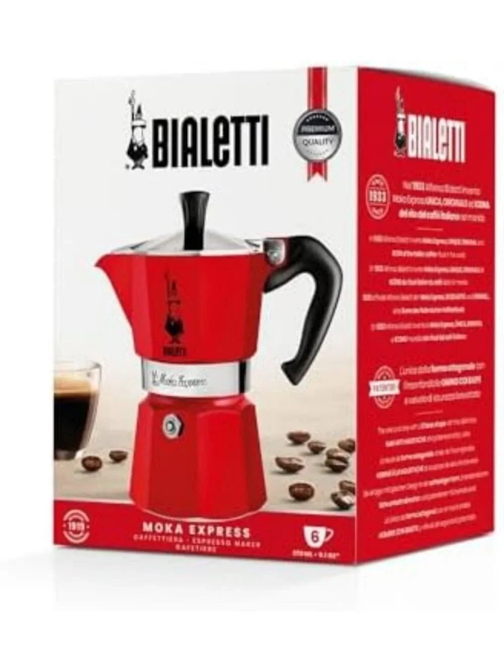 Iconic Stovetop Espresso Maker - Moka Pot for 6 Cups, Real Italian Coffee, Red